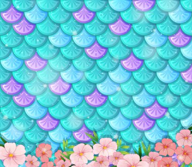 Fantezi balık pulları arka planda birçok çiçek resimleriyle