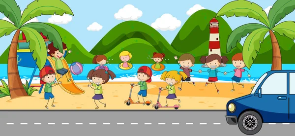 Scena Sulla Spiaggia Con Molti Bambini Doodle Illustrazione Del Personaggio — Vettoriale Stock