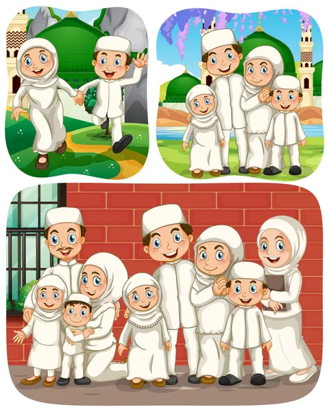 Set Tokoh Muslim Karakter Kartun Dalam Ilustrasi Adegan Yang Berbeda - Stok Vektor