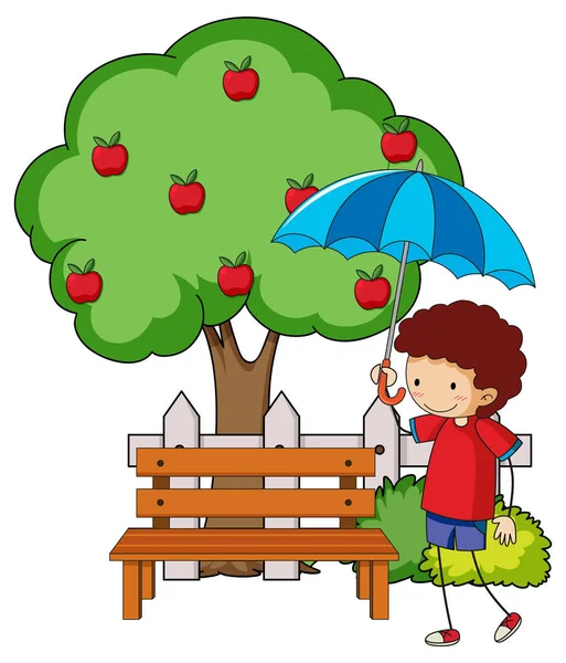 Doodle Tecknad Karaktär Flicka Som Håller Ett Paraply Med Äppelträd — Stock vektor