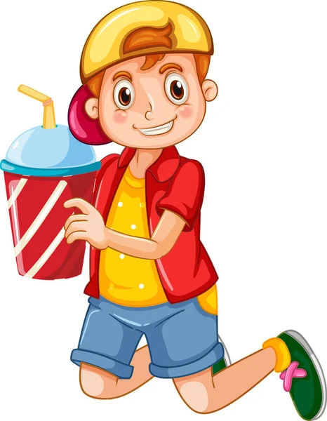 ドリンクプラスチックカップイラストを持つ幸せな少年漫画のキャラクター — ストックベクタ