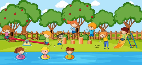 Park Outdoor Scene Many Kids Playing Playground Illustration — Stock Vector