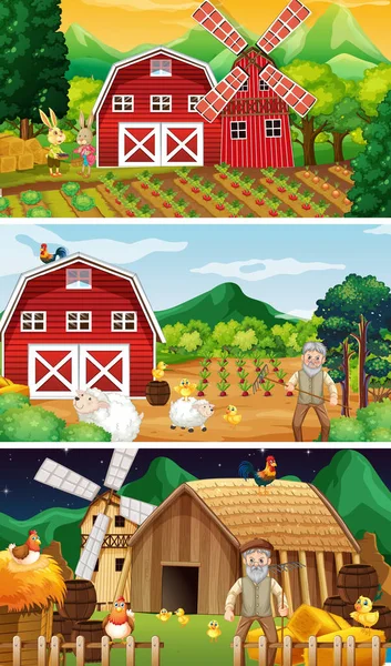 Různé Zemědělské Scény Starým Farmářem Animované Animované Postavy Ilustrace — Stockový vektor