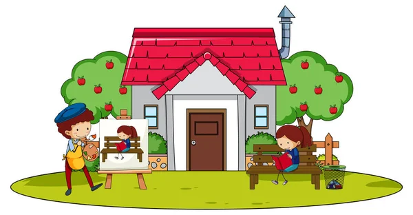 Muitas Crianças Fazendo Diferentes Atividades Redor Casa Ilustração —  Vetores de Stock