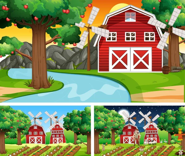 Különböző Farm Jelenetek Haszonállatok Rajzfilm Karakter Illusztráció — Stock Vector