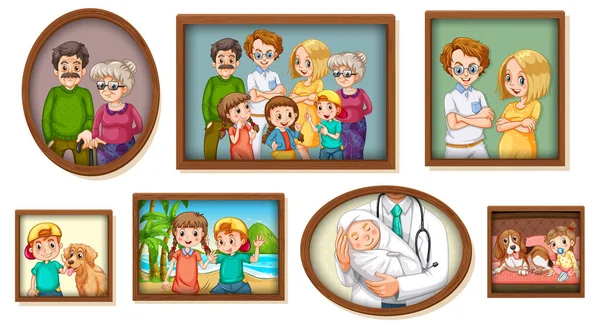 Набор Счастливой Семейной Фотографии Иллюстрации Деревянной Рамы — стоковый вектор