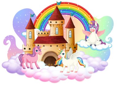 Bulutların üzerinde şatosu olan bir sürü şirin tek boynuzlu at karakteri.