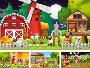 Yaşlı çiftçi ve hayvan çizgi film karakteri resimlerinin olduğu farklı çiftlik sahneleri.