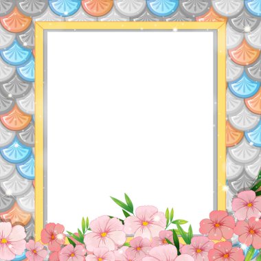 Gökkuşağı balık pulları üzerinde boş pankart ve birçok çiçek illüstrasyonu