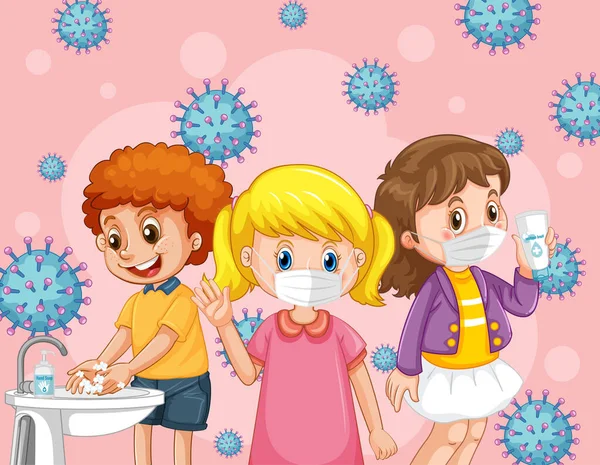 Niños Con Máscara Médica Con Ilustración Fondo Icono Coronavirus — Archivo Imágenes Vectoriales