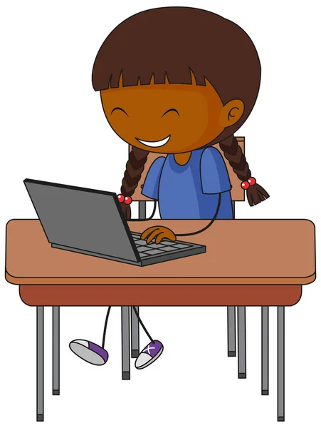 Schattig Meisje Met Laptop Doodle Tekenfilm Karakter Illustratie — Stockvector