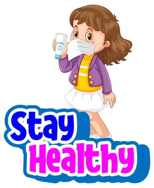 Stay Healthy Font Girl Wearing Mask Cartoon Character Isolated Illustration — Stock Vector