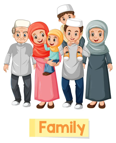 Educational English Word Card Muslim Family Members Ilustracja — Wektor stockowy