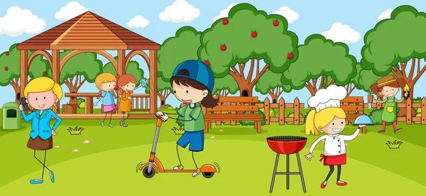 Outdoor Szene Mit Vielen Kindern Die Park Spielen Illustration — Stockvektor