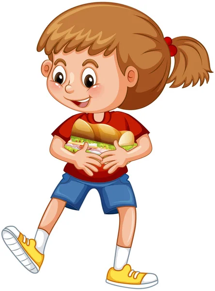 Happy Girl Cartoon Character Hugging Food Sandwich Illustration — Stock Vector