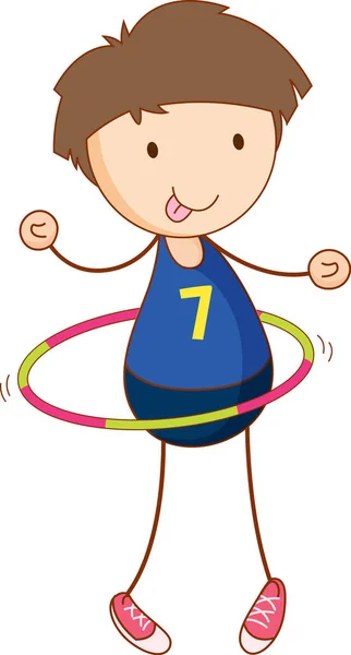 Lindo Niño Jugando Hula Hoop Personaje Dibujos Animados Mano Dibujado — Vector de stock