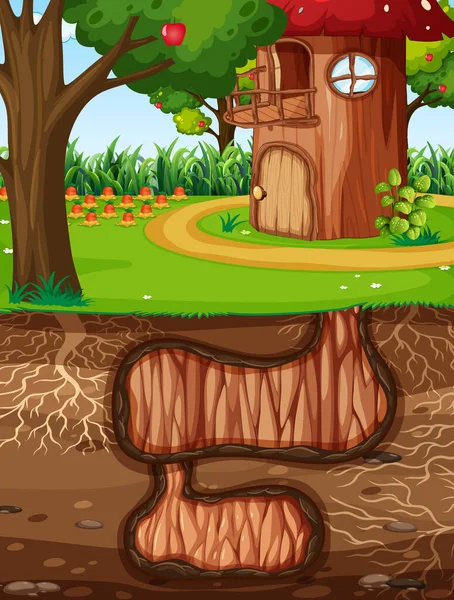 庭の風景図の地面を持つ地下動物の穴 — ストックベクタ