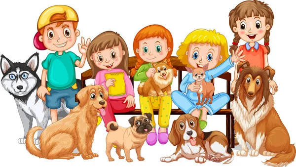 Gruppo Bambini Con Loro Cani Illustrazione — Vettoriale Stock