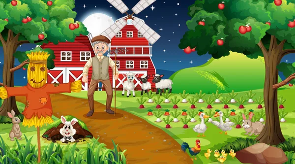 Αγροτική Σκηνή Νύχτα Τον Γέρο Αγρότη Και Χαριτωμένα Ζώα Εικονογράφηση — Διανυσματικό Αρχείο