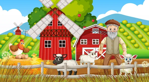 农场在白天的场景与老农和农场动物的插图 — 图库矢量图片