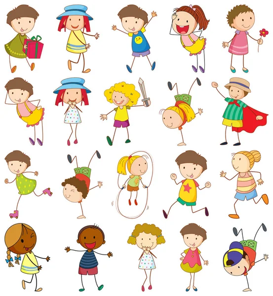 Conjunto Dibujos Animados Diferentes Doodle Niños Ilustración Personajes — Vector de stock