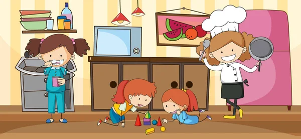 多くの子供たちとブランクキッチンシーン人形漫画のキャラクターイラスト — ストックベクタ