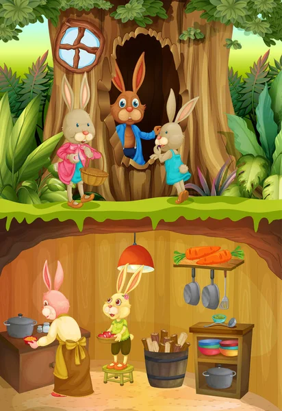Rabbit Family Underground Ground Surface Garden Scene Illustration — Stock Vector