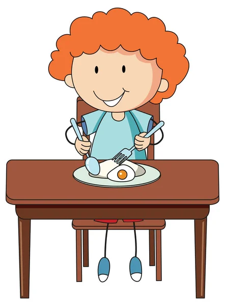 Pojke Som Äter Frukost Doodle Tecknad Karaktär Isolerad Illustration — Stock vektor