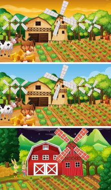 Yaşlı çiftçi ve hayvan çizgi film karakteri resimlerinin olduğu farklı çiftlik sahneleri.