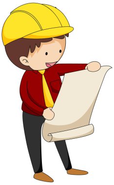 Küçük mühendis karikatür karakteri izole edilmiş.