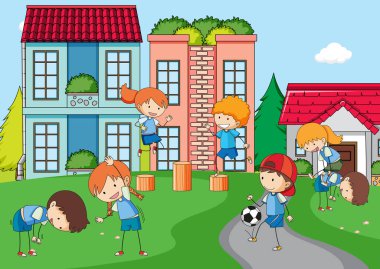 Birçok çocuğun resimli olduğu oyun alanı sahnesi