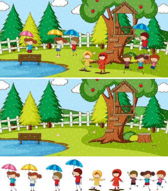 Park sahnesinde bir sürü çocuk çizgi film karakteri karalamış.