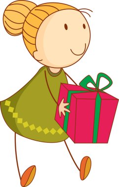 Elinde hediye kutusu olan bir karalama çocuğu. Çizgi film karakteri izole edilmiş.