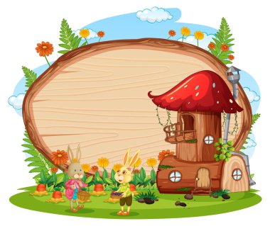 Bahçedeki boş tahta tahta, beyaz arkaplanda izole edilmiş iki tavşan.