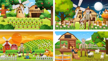 Yaşlı çiftçi ve hayvan çizgi film karakteri resimlerinin olduğu farklı çiftlik sahneleri.