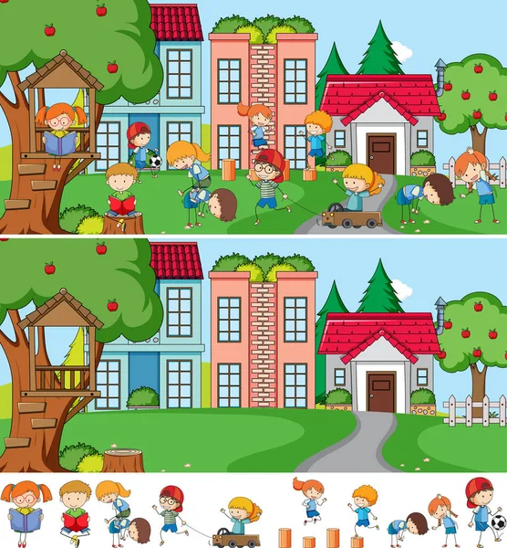 Scène Parc Avec Nombreux Enfants Gribouiller Personnage Dessin Animé Illustration — Image vectorielle