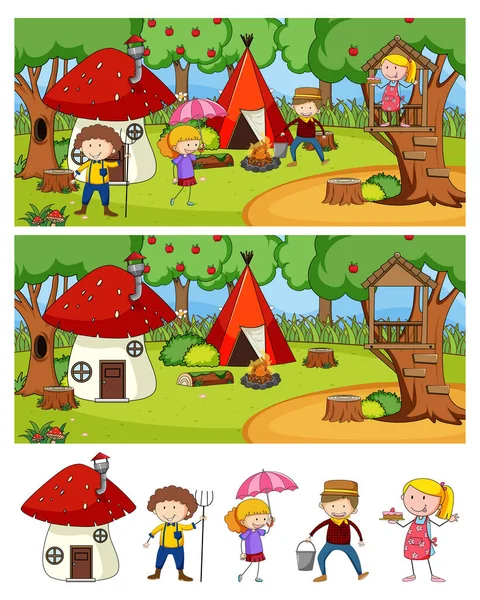 Set Diverse Scene Campeggio Orizzontali Con Illustrazione Del Personaggio Del — Vettoriale Stock