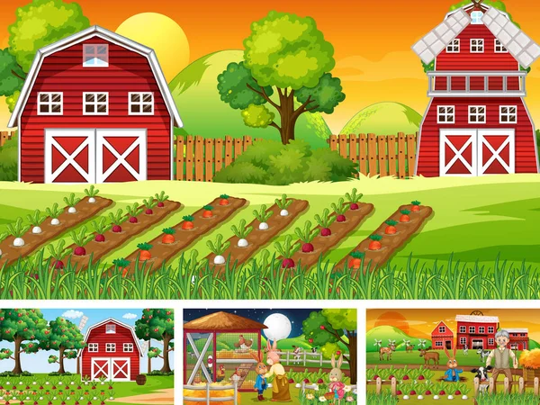 Quatro Diferentes Cenas Fazenda Com Animais Ilustração —  Vetores de Stock