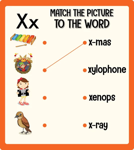 Match Picture Word Worksheet Children Illustration — Stock Vector