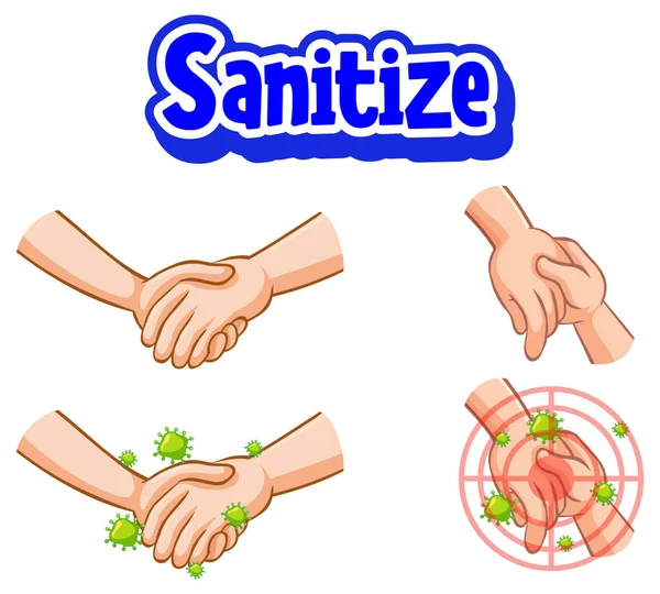 Sanitize Betűtípus Tervezés Vírus Terjed Kezet Rázás Fehér Háttér Illusztráció — Stock Vector