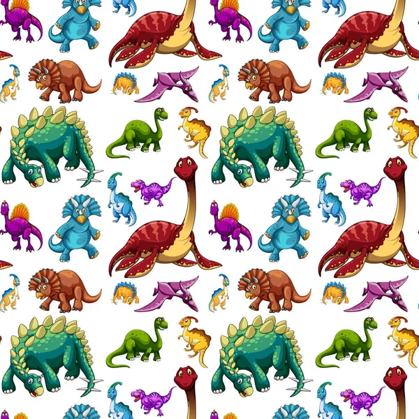 白い背景のイラストに様々な恐竜とのシームレスなパターン — ストックベクタ