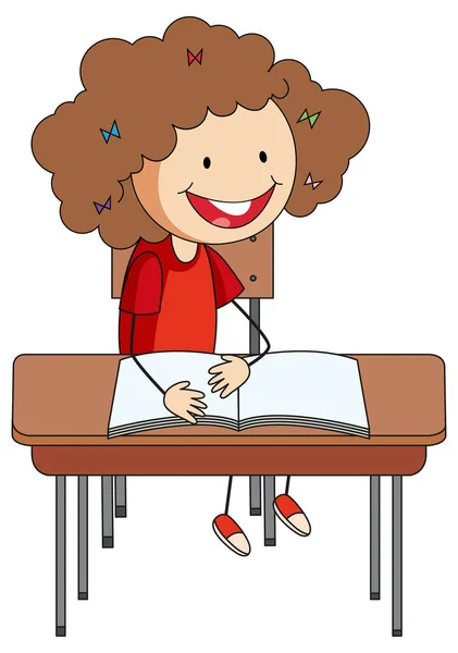 Una Chica Haciendo Tarea Doodle Dibujo Animado Personaje Ilustración — Vector de stock