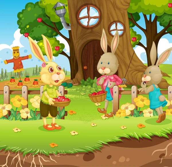 与快乐兔子家庭的户外场景在花园的插图中 — 图库矢量图片