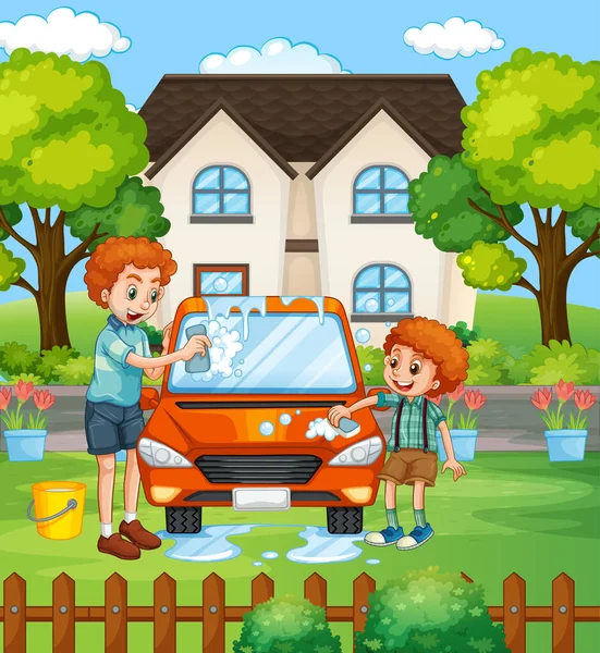 Zoon Wassen Auto Voor Het Huis Scène Illustratie — Stockvector