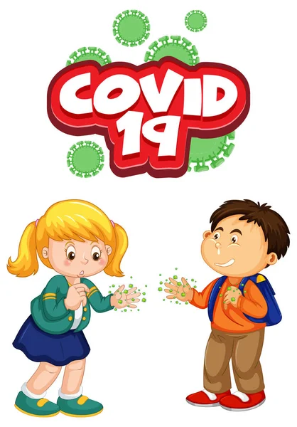 Covid Schrift Cartoon Stil Mit Zwei Kindern Hält Soziale Distanz — Stockvektor