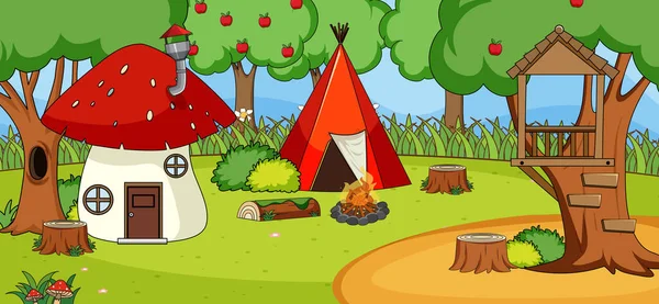 Outdoor Scene Met Campingtent Het Bos Illustratie — Stockvector