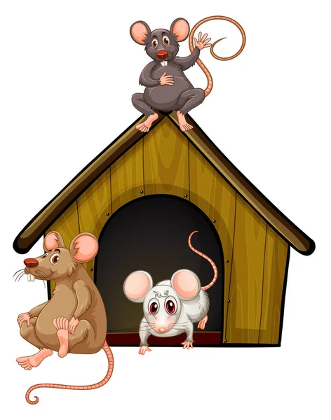 Mini Casa Con Muchos Ratones Sobre Fondo Blanco Ilustración — Vector de stock