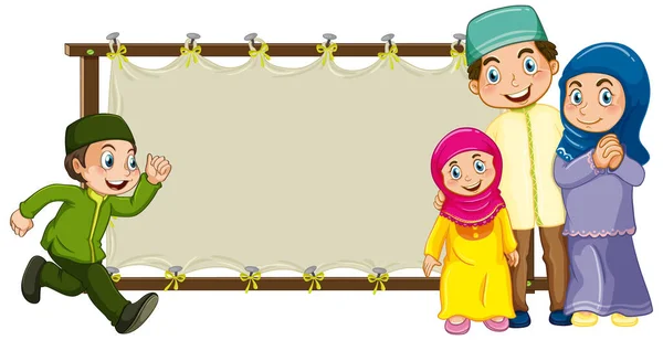 Bingkai Kayu Kosong Dengan Bahagia Keluarga Muslim Kartun Karakter Ilustrasi - Stok Vektor