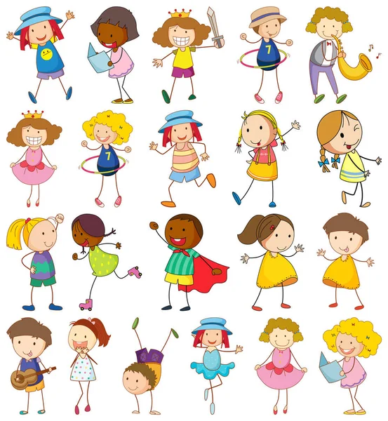 Set Different Doodle Kids Cartoon Character Illustration — Stock Vector