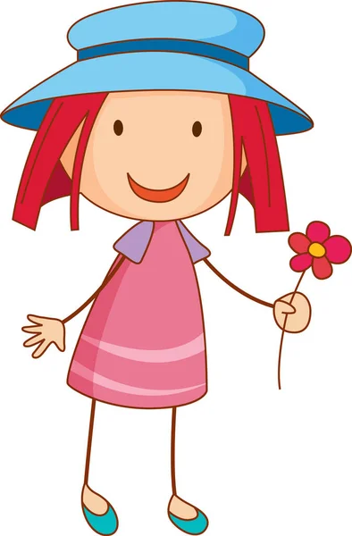 手描きのドールスタイルのイラストで帽子漫画のキャラクターを身に着けている女の子 — ストックベクタ